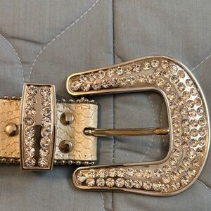 Daytrip Crystal-Studded Cream Belt with Silver Rhinestone Buckle